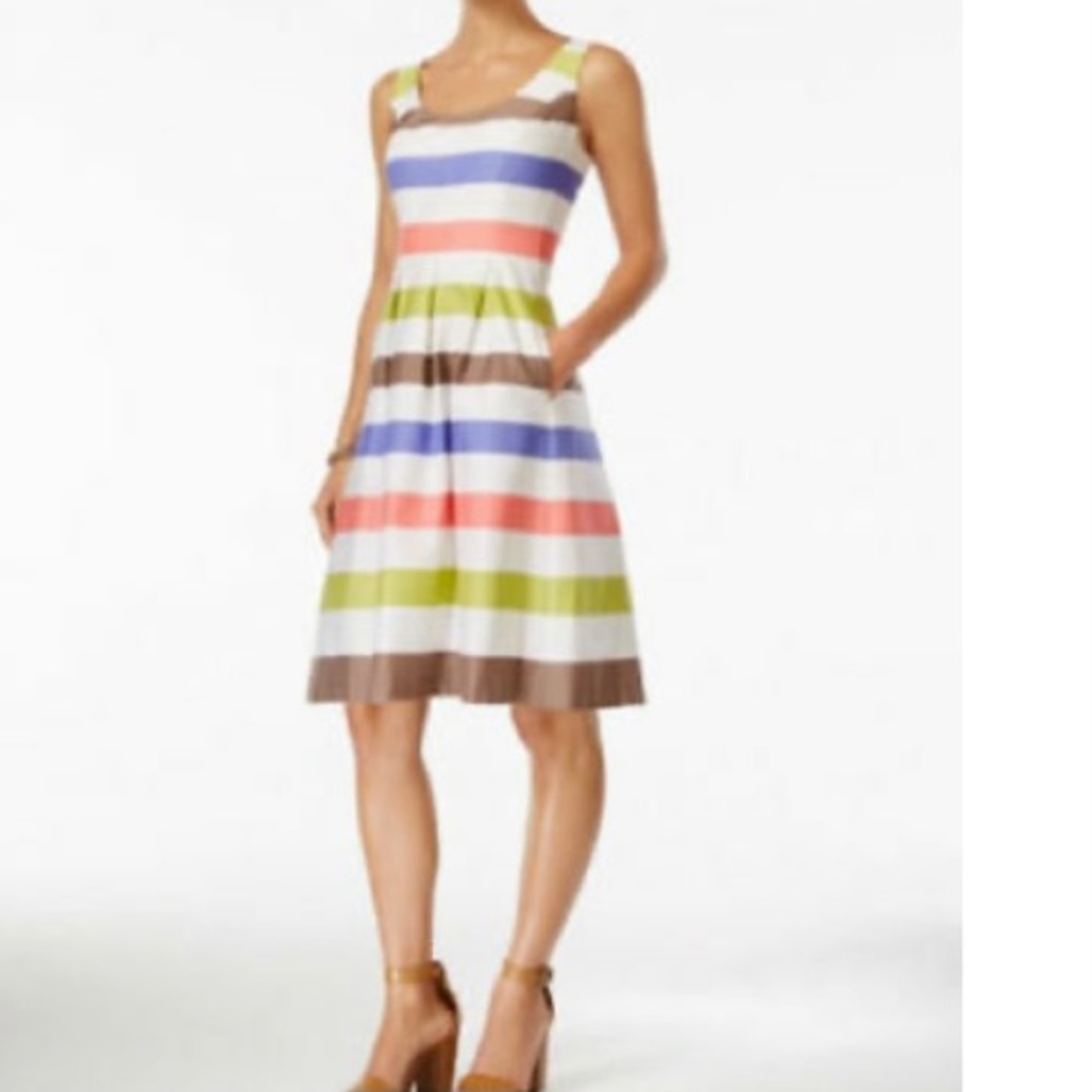 Nine West Stripe Topstitch Dress w/ Pockets EUC